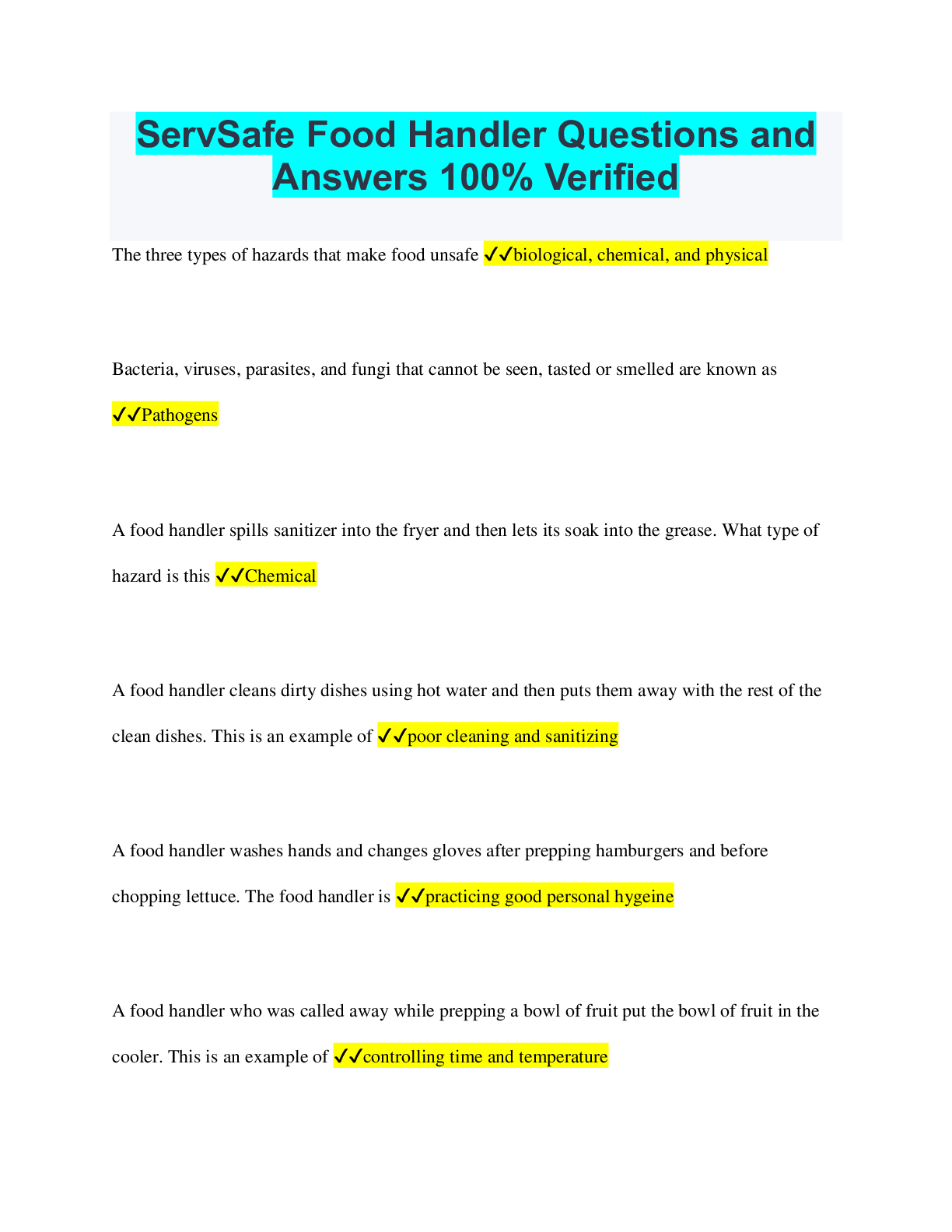 Preview of ServSafe Food Handler Questions and Answers 100% Verified